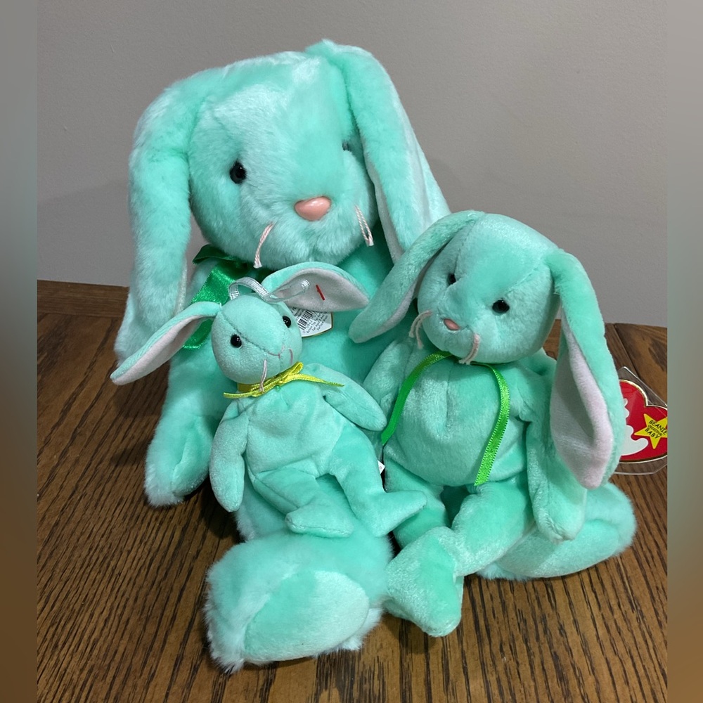 Ty Mint Green Bunny Hippity beanie, basket beanie ornament and buddy